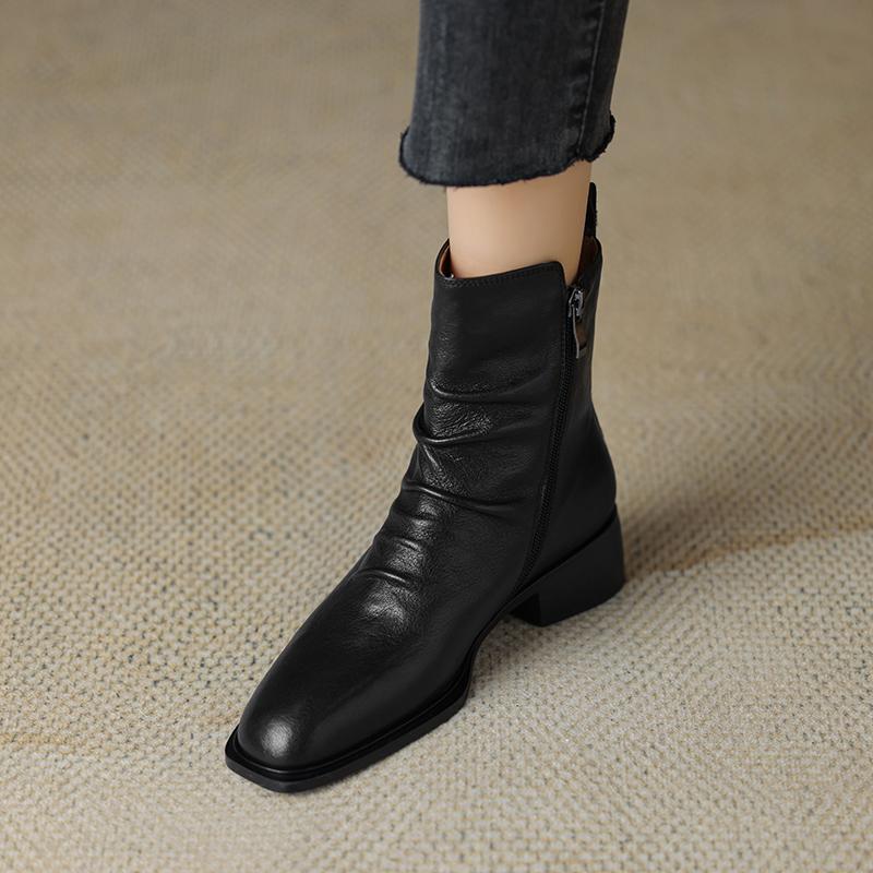 2024 New Genuine Leather Ankle Boots for Women Vintage Zipper Pleated Winter Boots Square Mid Heels Shoes for Women Black Boots