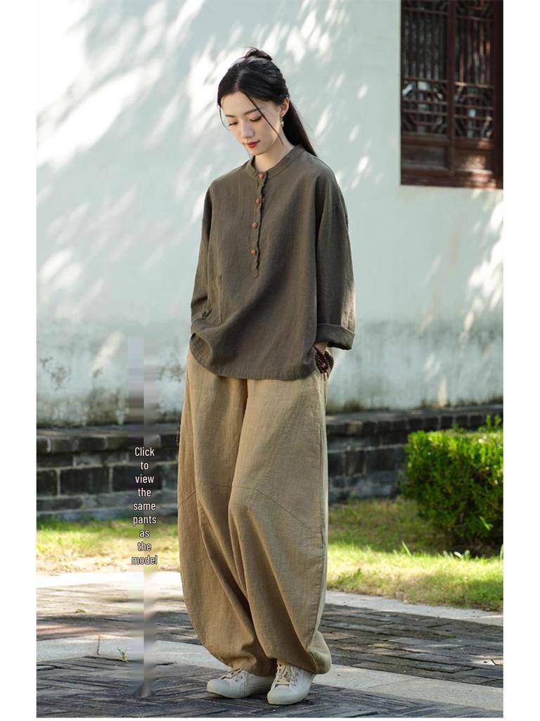 Spring/Autumn New Chinese Style Cotton Linen Women's Stand Collar Pullover Long Sleeve Shirt - Retro, Literary, and National Style Temperament.