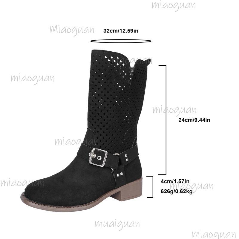 Vintage Metal Belt Buckle Black Brown Mid-Calf Boots Women 2025 Autumn Bohemia Hollow Out Brown Suede Boots Retro Cowboy Shoes