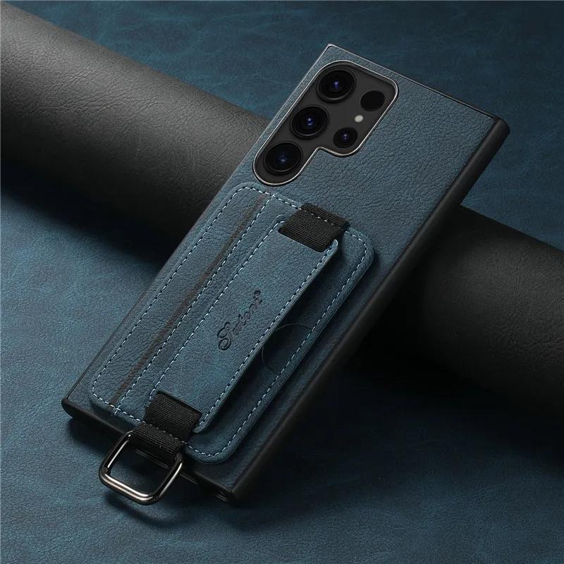 

EUCAGR Wrist strap Leather Wallet Case For Samsung Galaxy S26 Ultra S24 S23 S22 Note20 Plus Ultra Card Holder Cover For S25 Plus S26 Ultra синий