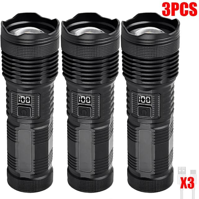 Outdoor Portable Zoom LED Flashlight Type-c Rechargeable Torch with Power Display Strong Light Camping Fishing Emergency Lamp