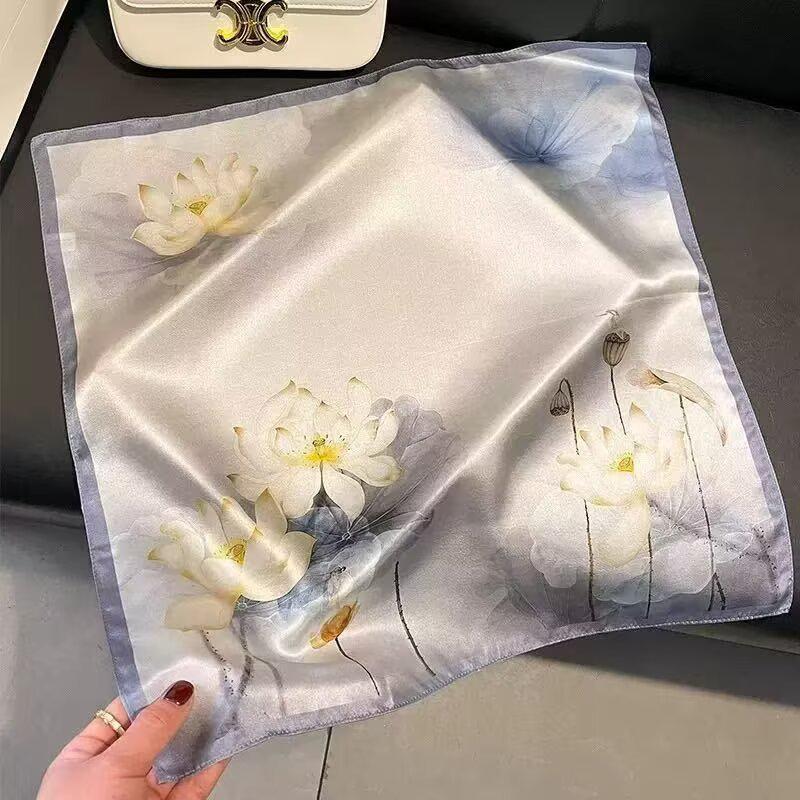 Women's Korean Style Retro Printed Imitation Silk Scarf for Professional and Casual Use