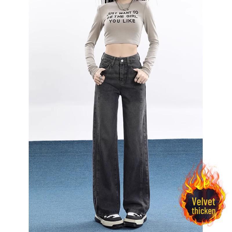 Women's Black Fleece-Lined Straight-Leg Jeans, Plus Size, Slimming Fit, Autumn/Winter 2024 Collection