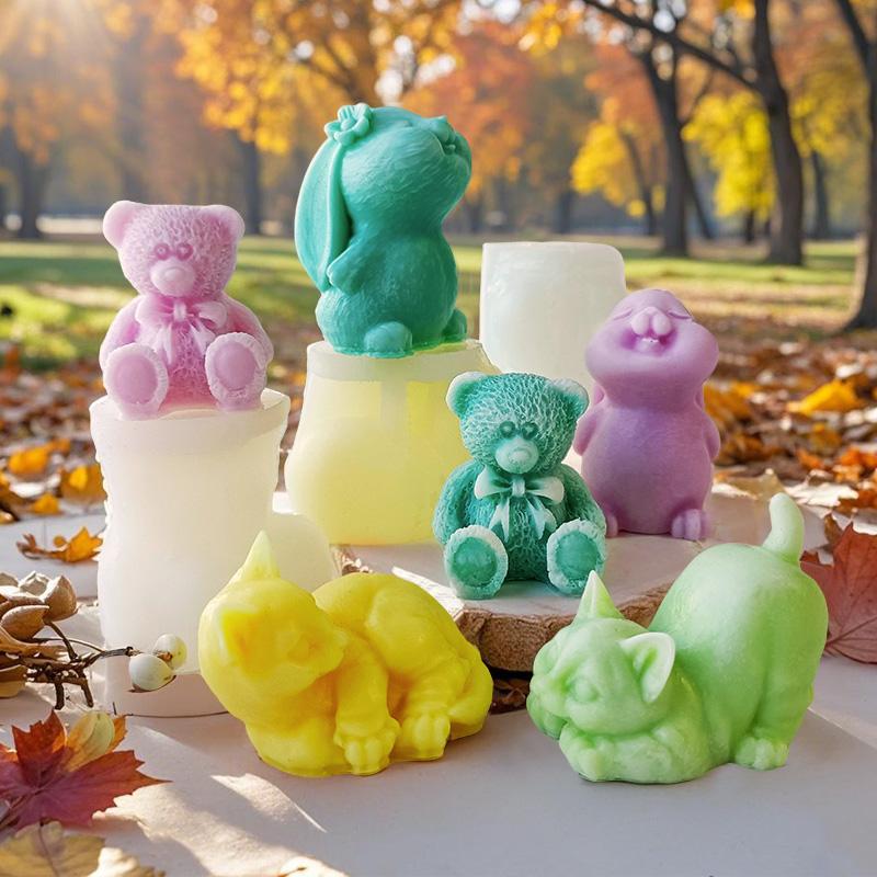 DIY Cartoon Animal Kitten Rabbit Bear Silicone Mold Handmade Aroma Candle Plaster Ornament Mould Soap Epoxy Resin Gypsum Molds