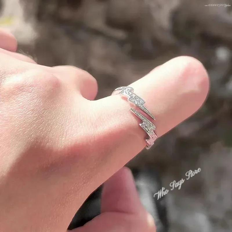 Punk Hip Hop Silver Color Zircon Lightning Open Rings for Men Fashion Jewelry Gift Creative Adjustable Ring Trendy Couple Rings