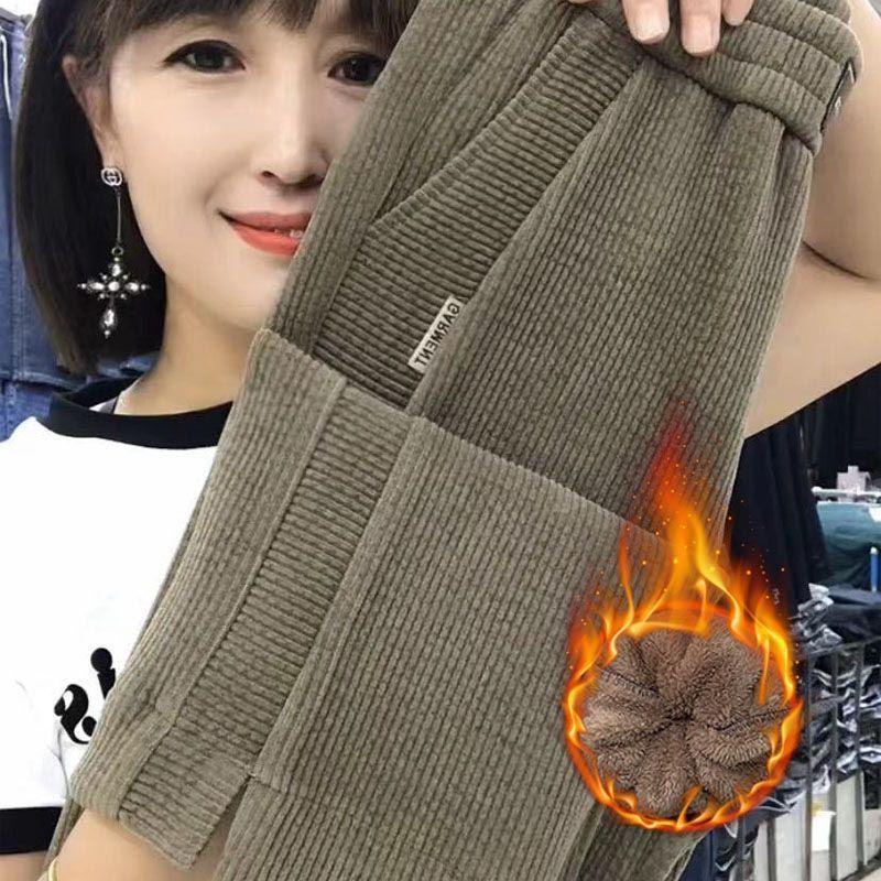 Dámské kalhoty s vysokým pasem, fleecovou podšívkou a rovnými nohavicemi, podzimní/zimní móda, zesílené pro teplo, zeštíhlující, volný ležérní střih