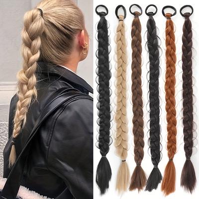 Lange, gedrehte Zopf-Pferdeschwanz-Verlängerungen mit Gummiband, synthetische 24-Zoll-Box-Zopfhaar-Verlängerungen für Frauen
