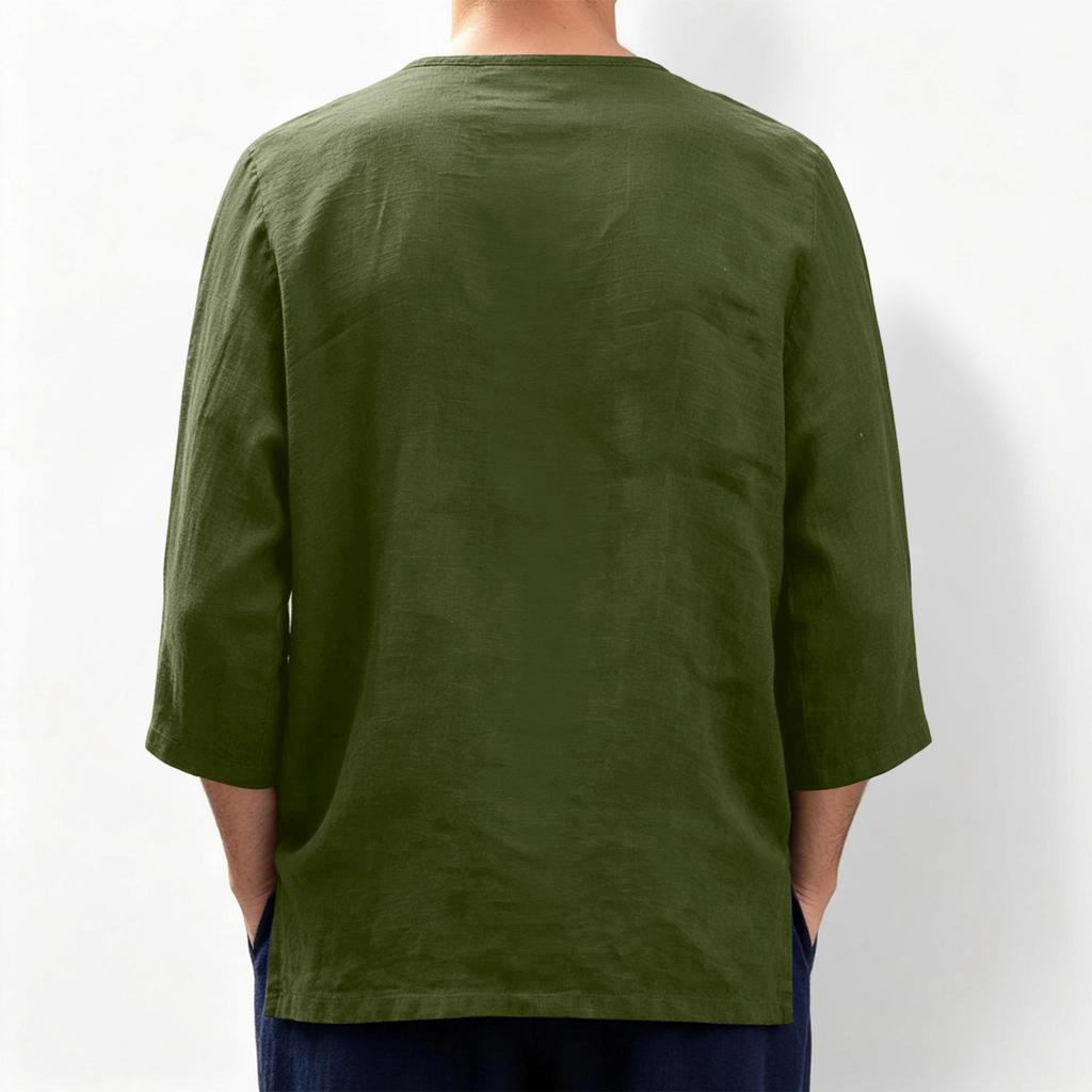 Men's Casual Linen Cotton Blend Three Quarter Sleeve Shirt Loose Fit Lightweight Breathable Summer Top
