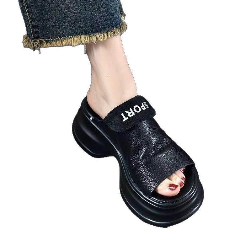 Muffin Bottom Soft Bottom Thick Bottom Fish Mouth Soft Leather Slippers Women's Summer Light Soft Bottom Fish Mouth Retro Outer Wear Sandals