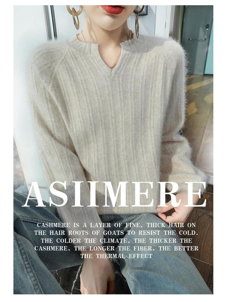 Women's Mink Cashmere V-Neck Sweater - Autumn/Winter 2025 Loose Fit, Short Solid Color, Knitted Wool Pullover Jumper