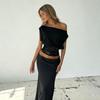 European Elegant Off-Shoulder Lace Patchwork Cropped Top - Slim-Fit Women's Style, Short-Sleeved.