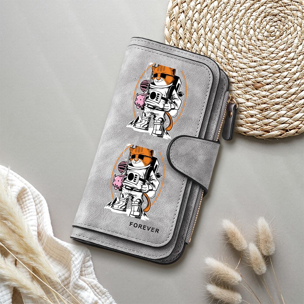 Cute Astronaut Cat Pattern Wallet Casual Fashion Long Purse Portable Card Holder Gift