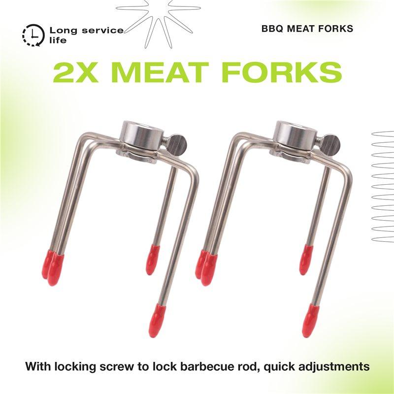 A84X-2Pcs BBQ Rotisserie Meat Forks Clamp Grill Meatpicks Stainless Steel Barbecue Skewer