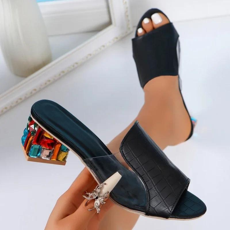 Fashion Women Slippers Summer Wide Strap Colorful Square Heel Sandals Casual Outdoor Flats Slippers Summer Peep Toe Going Out Slides