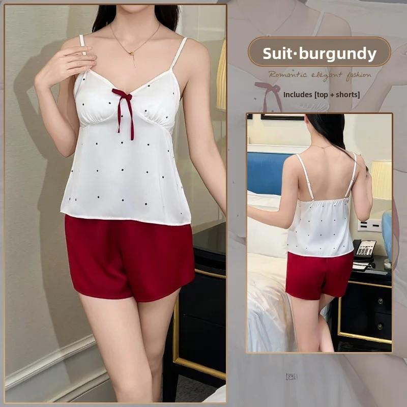 

Summer Ice Silk Sleepwear Sets Women s Strap Home Clothes Set with Chest Pad Sexy Short Pants Home Leisure Suit M красный