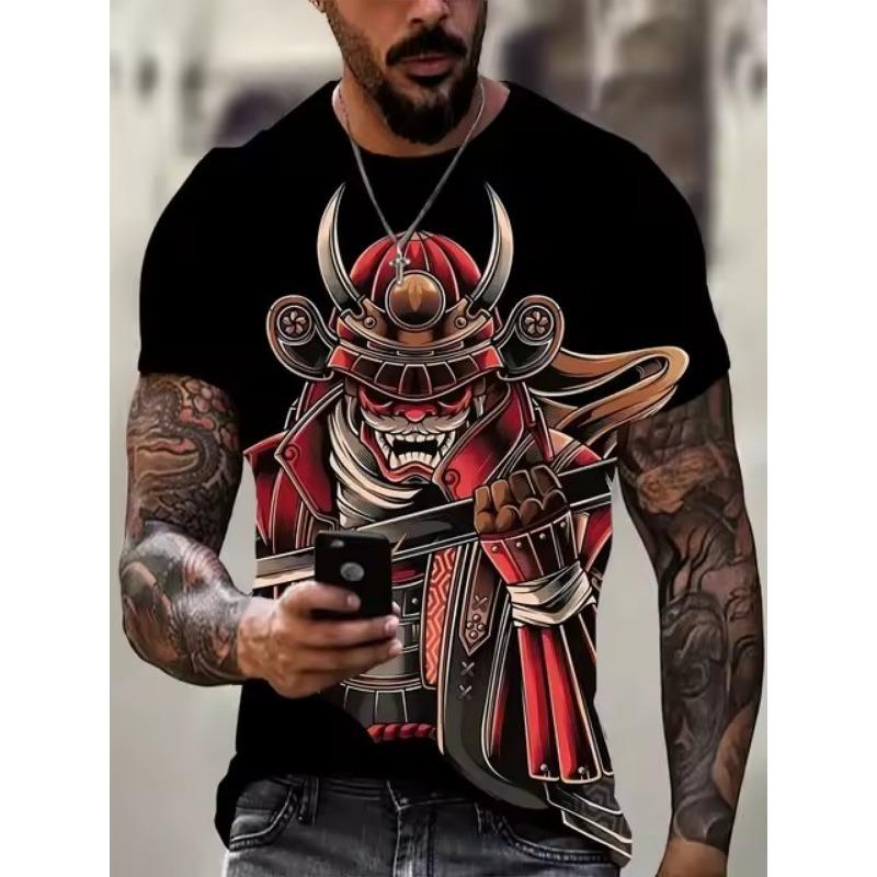 Übergröße Herrenmode Samurai Grafik T-Shirt, 3D Druck Trendy Stylisches Oberteil, Reifer & Eleganter Stil