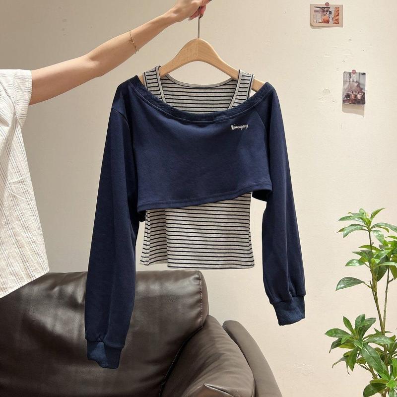 Herbst Schulterfrei Langarm Gestreiftes Sweatshirt Damen Design Passende Weste