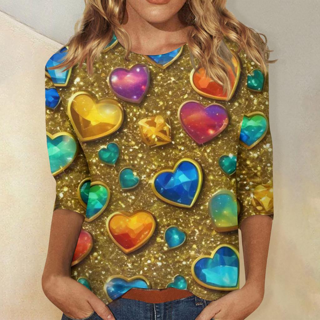Damen Valentinstag Print Mode Lässig 3/4 Ärmel Rundhals Oberteil