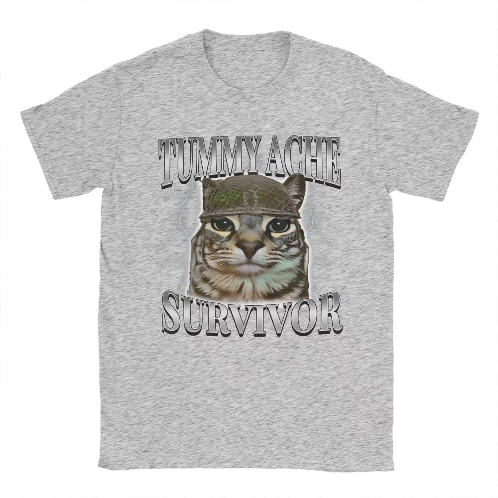 Tummy Ache Survivor Cat Meme Funny Saying Cats Animals T Shirts Summer Cotton TShirts for Men Women Trending Casual Tee Shirt