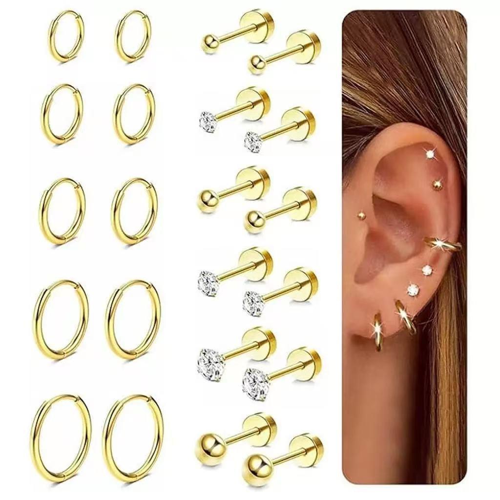 Stainless Steel Circle Huggie Hoop Earrings Set for Women Gold Color Unique Zircon Flower Stud Earring Piercing Jewelry