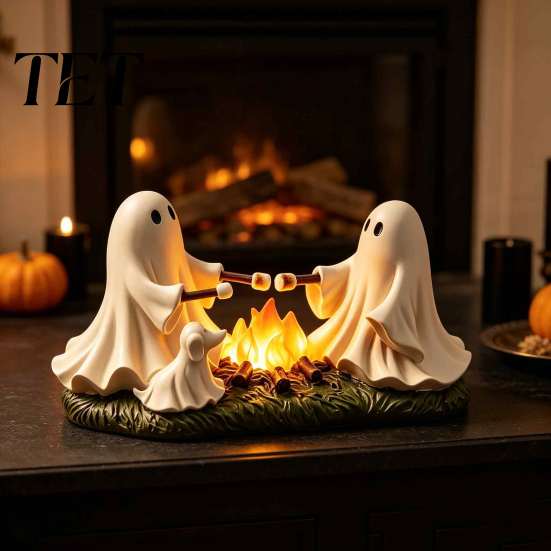 Spooky Cute Desktop Figurine Ghost Roasted Marshmallows LED Ornament, Durable Resin Halloween Atmospheric Prop Craft, Decorative Warm Light