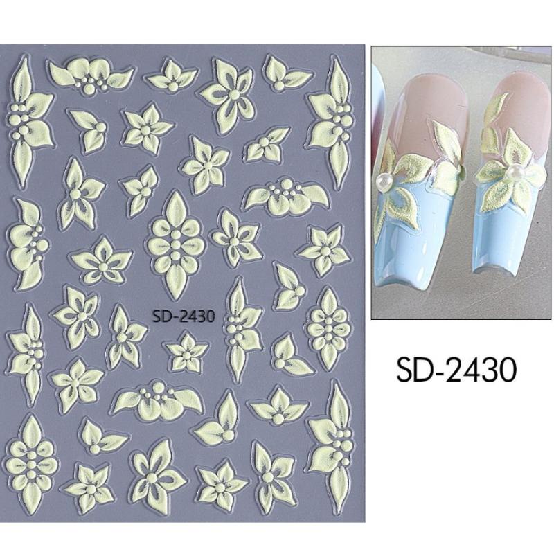 

5D Тисненые Цветочные Наклейки для Ногтей Элегантные Дизайны с Белыми, Зелеными и Синими Лепестками Акриловые Весенне-Летние Цветочные Самоклеящиеся Слайдеры Декор