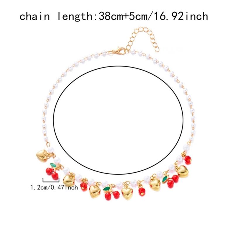 Adorable Cherry Strawberry Heart Necklace With Natural Margarite Accents Adjustable Chain For Casual Or Date Outfits Lightweight Zinc Alloy Jewelry