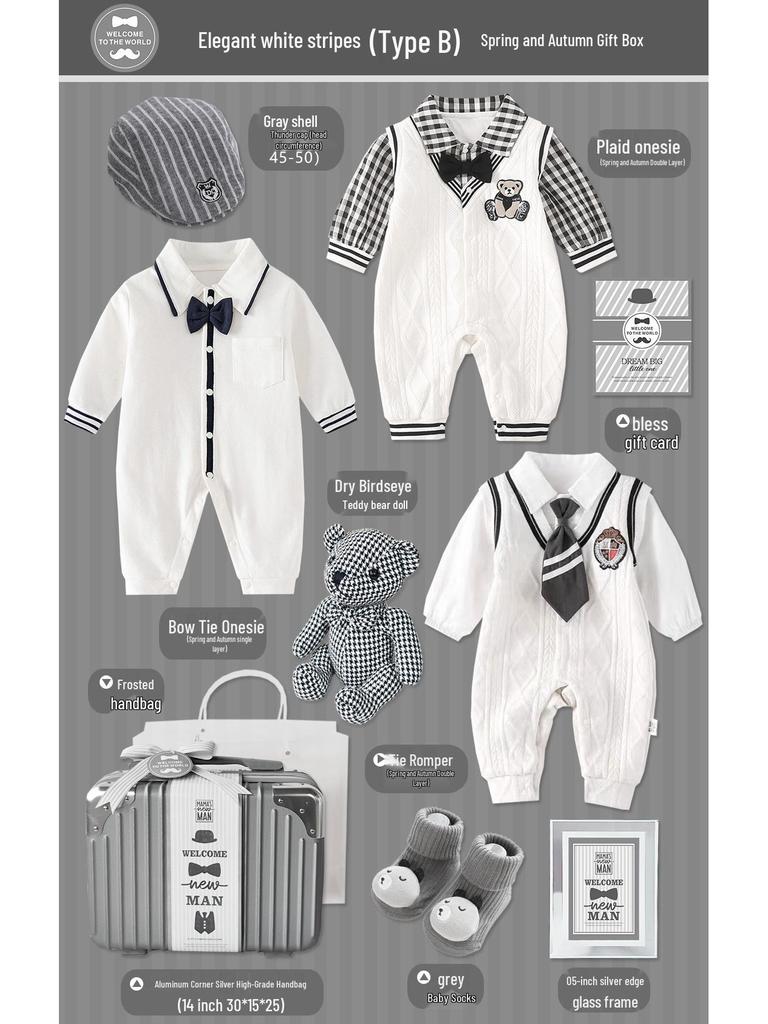 Newborn Baby Boy Gift Box: Off-White & Grey Striped Outfit - High-End Spring Festival Full Moon Collection