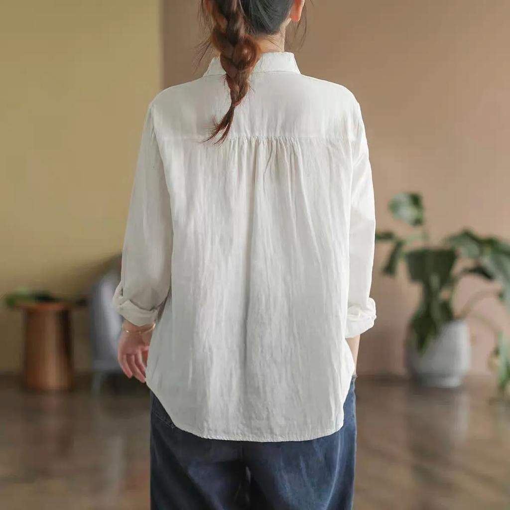 Solid Color Embroidered Cotton and Linen Long-sleeved Shirt Women's Spring Casual Shirt Linen Bottoming Top