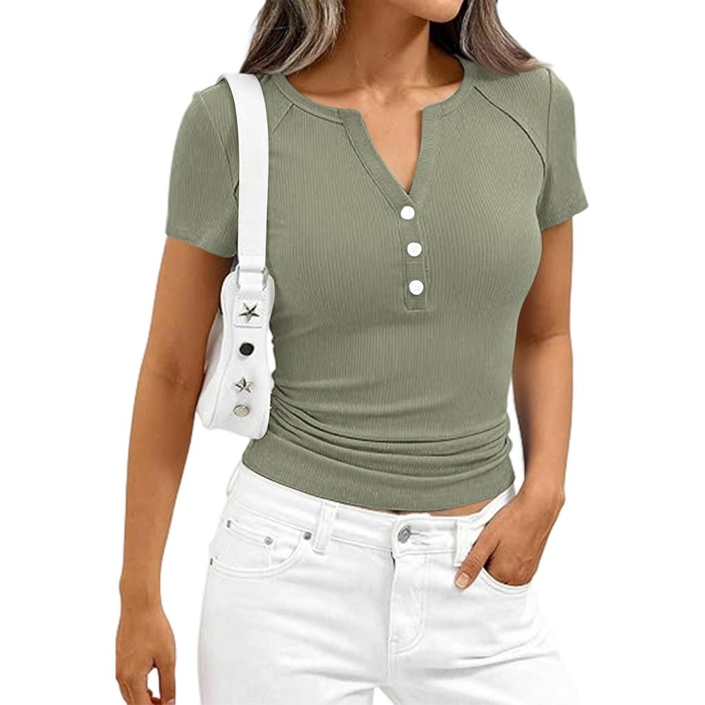 Dámské módní ležérní barevné nové tričko s krátkým rukávem, ozdobným knoflíkem a výstřihem do V