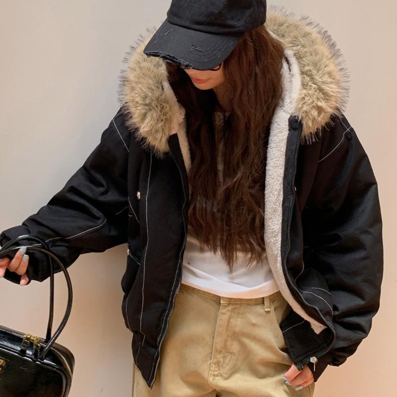 Fur Collar Hooded Parkas Y2K Harajuku Thicken Padded Jackets Casual Zipper Gothic Women Men Winter Coats Streetwear