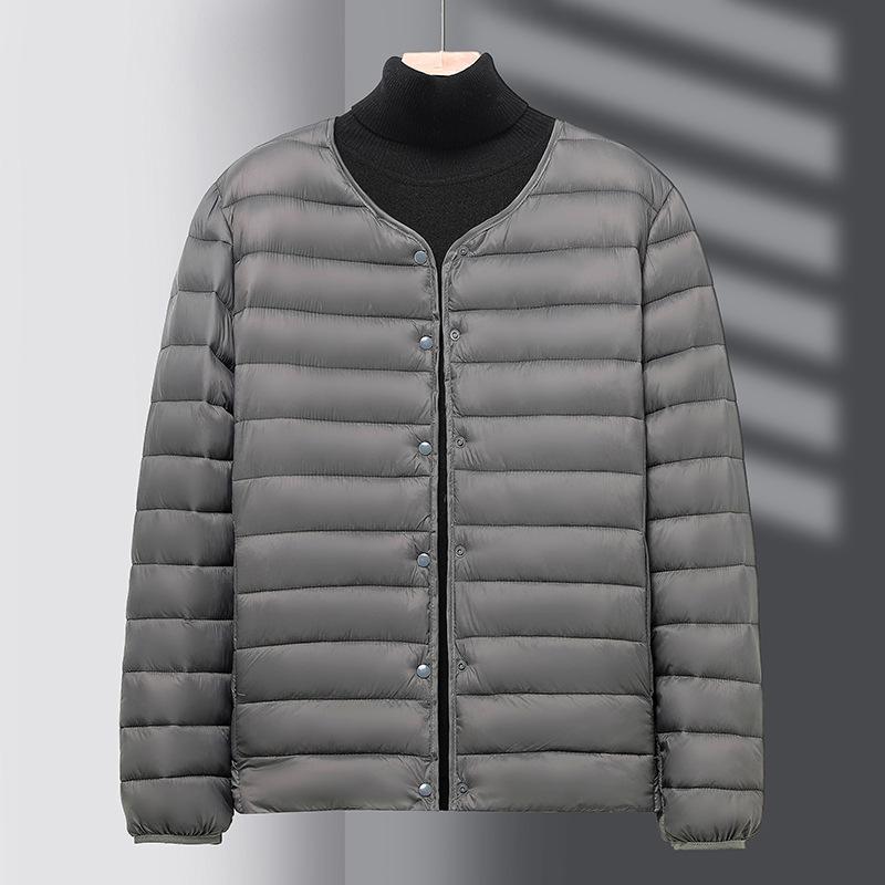 

2026 Men s Warm Cotton Collarless Jacket - Autumn/Winter Casual Solid Color Base Layer M 80-115 lbs серый