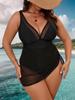 Plus Size Deep V Mesh Tummy Control Skirted Swimsuit for Women