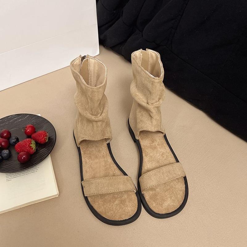 Medium tube with retro flat sandals, new round head suede cool boots, women's fashion shoes