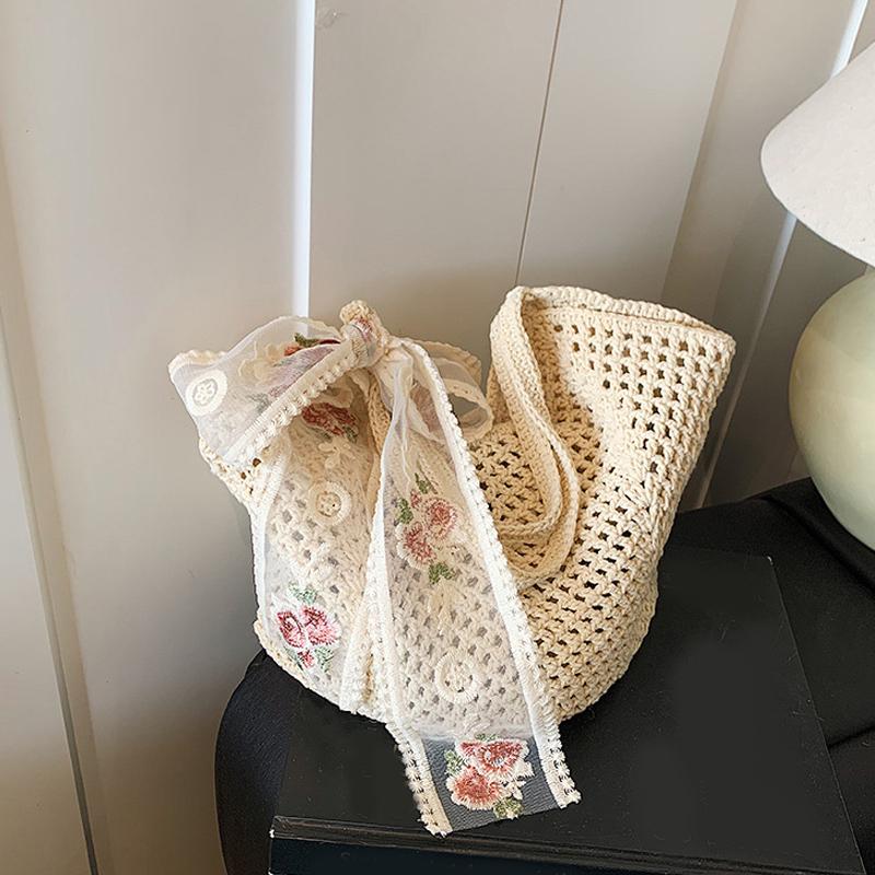Yogodlns Solid Color Crochet Tote Handbag Summer Beach Scarf Decor Fashion Women's Mesh Woven Shoulder Bags Large Capacity Knitting Underarm Bag