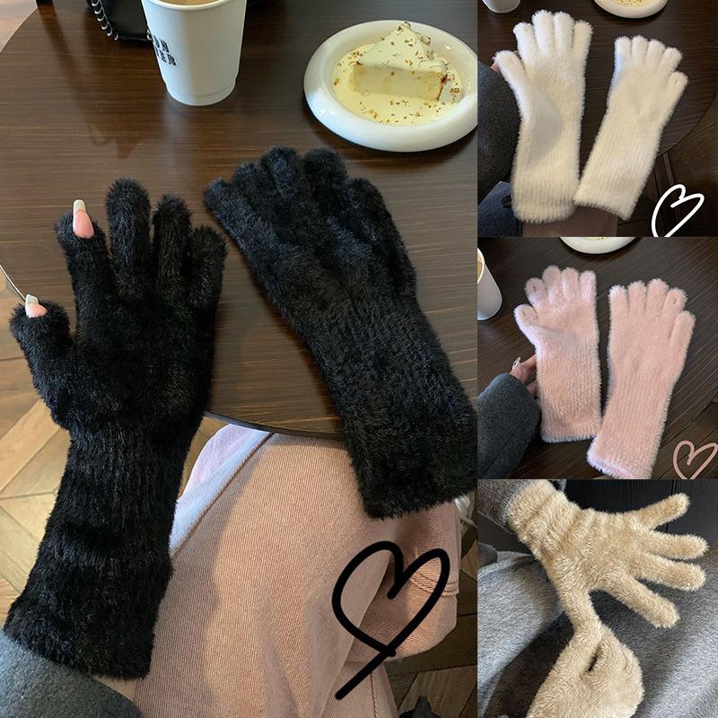 Female Gloves Cold Furry Winter Open Finger Touch Screen Warm Korean Version Riding Student Writing