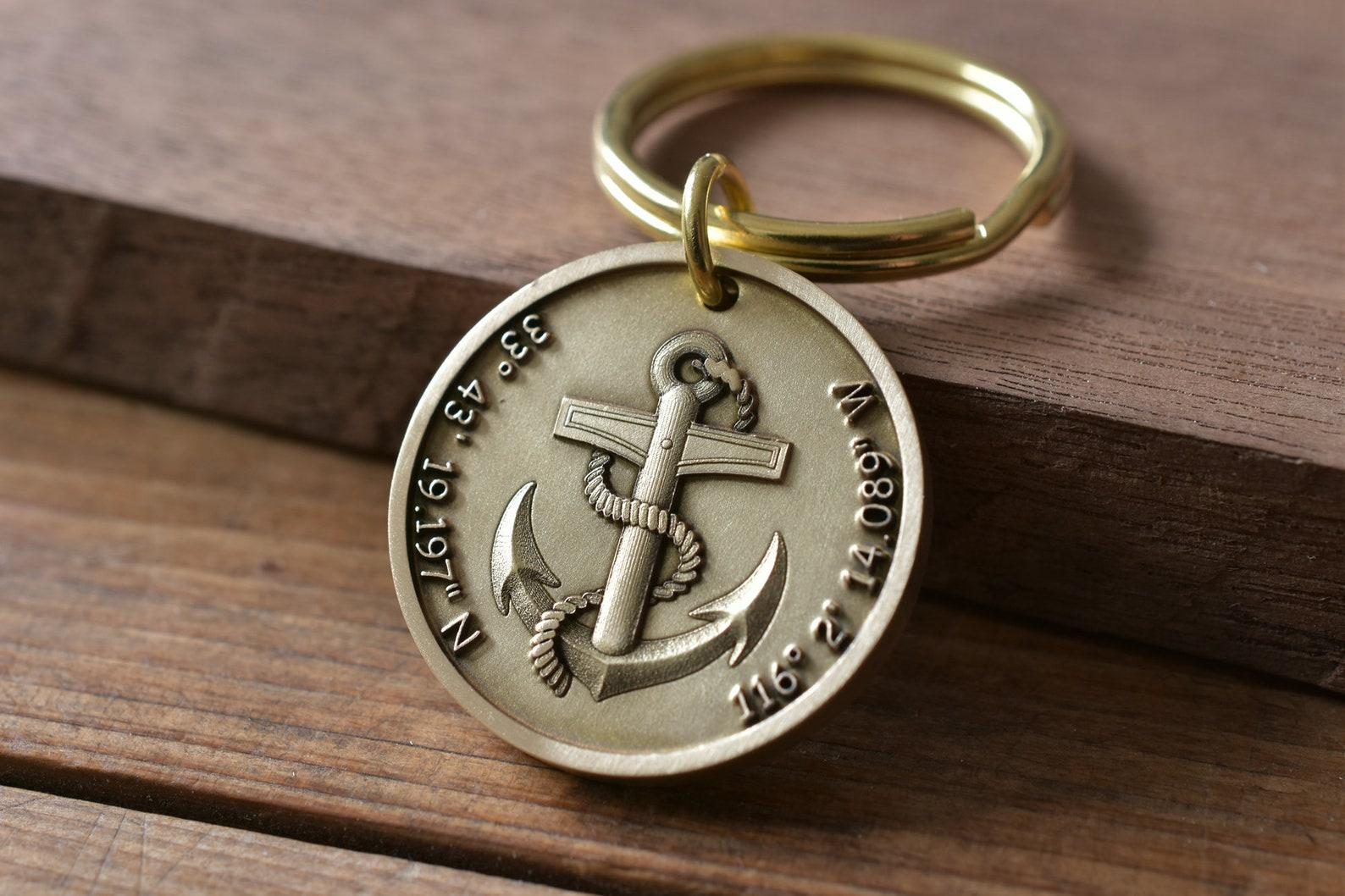 Personalized Brass Anchor Keychain Custom Engraved Key Ring Nautical Gift