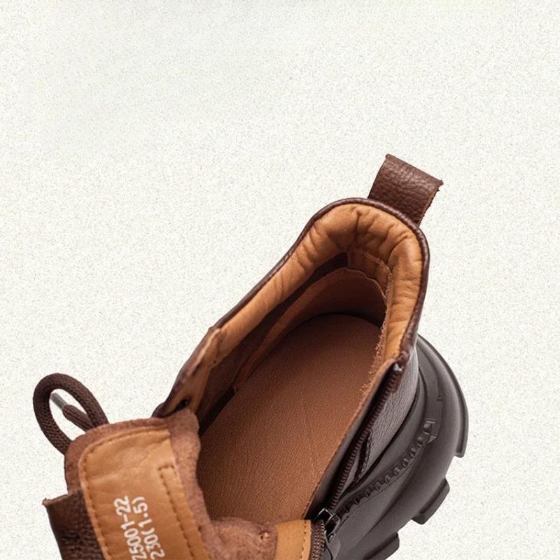 Johnature Retro Genuine Leather Thick Soled Short Boots Comfortable Side Zipper Women's Platform Shoes