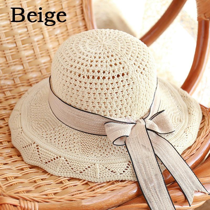 Fashion Women Sun Hats Straw Hat Female Ribbon Bow-knot Wide Brim Beach Hat Casual Summer Shade Cap