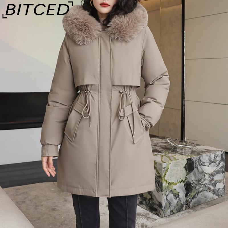 BITCED Winter Parka - Women's Relaxed-Fit Mid-Length Cotton Coat with Large Fur Collar