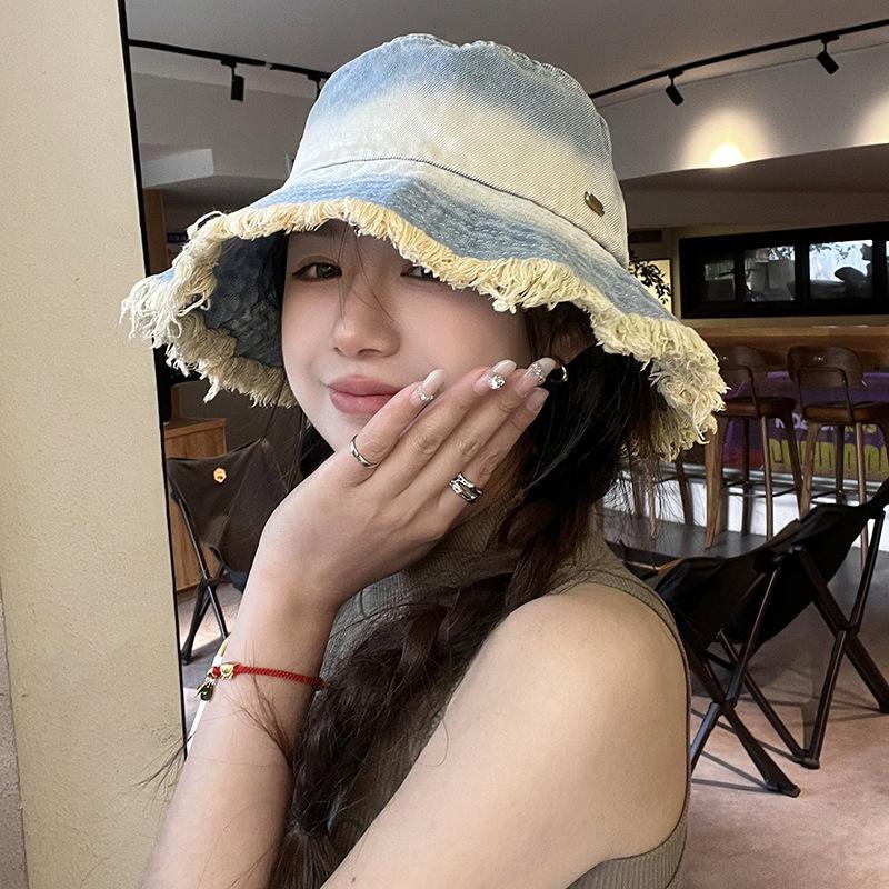 New Japanese-style Gradient Frayed Edge Washed Denim Fisherman Hat, Summer Sun Protection Hat for Women, Bucket Hat