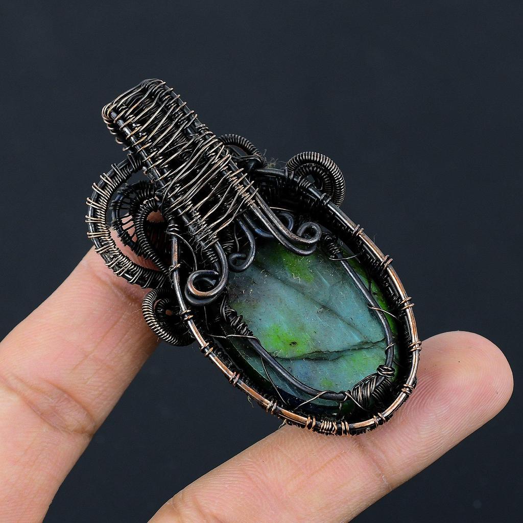 Tri Color Labradorite Pendant, Handmade Gemstone Pendant, 999 Copper Wire Wrapped Pendant Antique Jewelry, For Engagement Gift