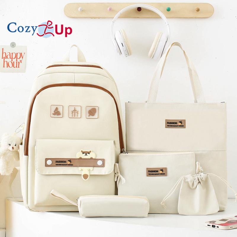 

Дышащий, износостойкий, снижающий нагрузку, простой и универсальный однотонный школьный рюкзак, женский рюкзак большой вместимости, рюкзак из 5 предметов 43x30x14cm бежевый