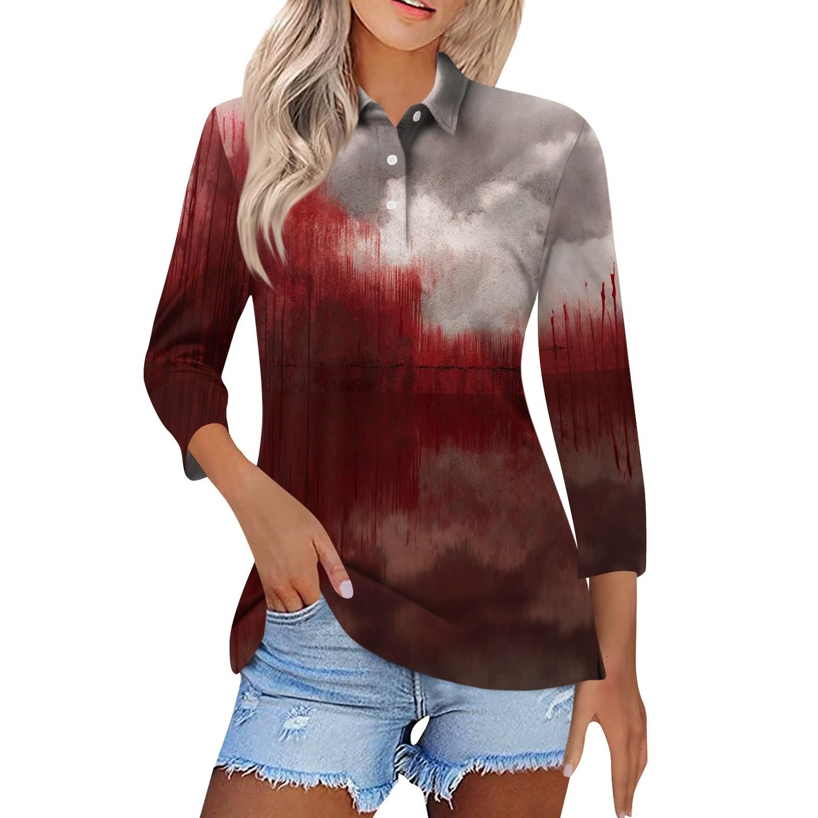 

Женская модная повседневная рубашка с лацканами и рукавом 3/4 с принтом на Хэллоуин, женские топы на пуговицах XL красный