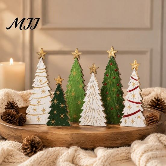 Hand Painted Holiday Table Decor 6Pcs Wooden Christmas Tree Tabletop Set, Rustic Star Topped Retro Seasonal Mantel Decorations Mini Figurines,