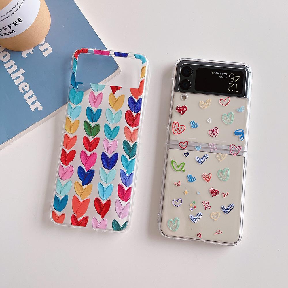Women Cute Colorful Love Heart Phone Case For Samsung Galaxy Z Flip 3 5g Slim Clear Hard Pc Back Cover For Z Flip3