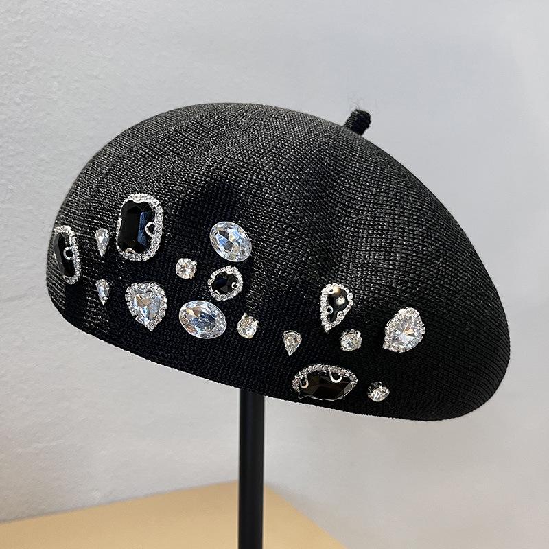 New Rhinestone Beret Women's Spring and Autumn Black Knitted Face Small Elegant Fashion Versatile Painter Hat