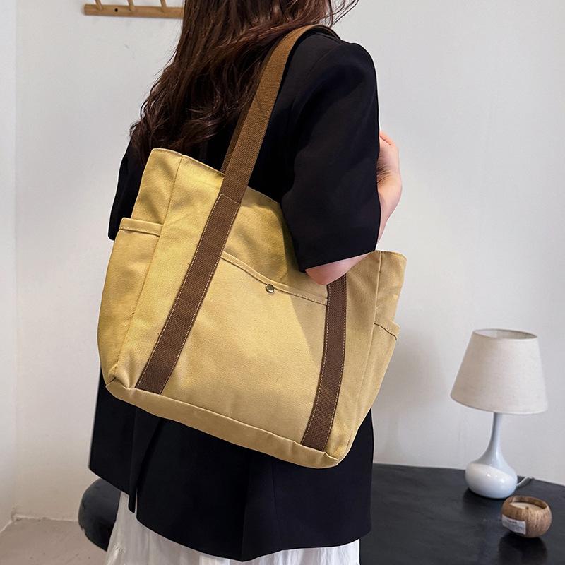 Canvas bag, simple casual large-capacity tote bag, shoulder bag for college students in class, versatile commuter daily bag
