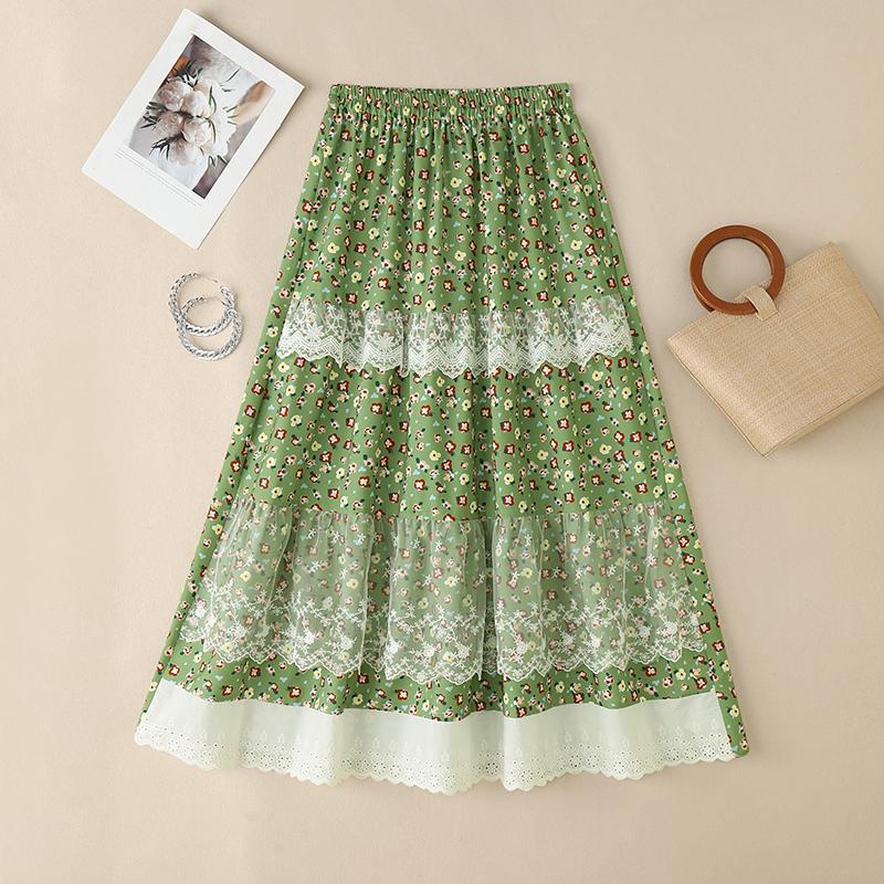 

ZANZEA Женская повседневная А-силуэтная юбка миди с принтом и кружевной отделкой 4XL зелёный