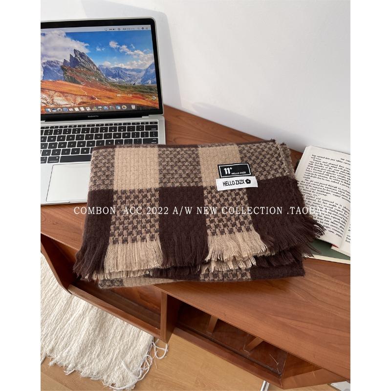 Autumn and Winter Japanese Korean Style Retro High End Plaid All Match Imitation Cashmere Scarf Thickened Neck Scarf Long Shawl
